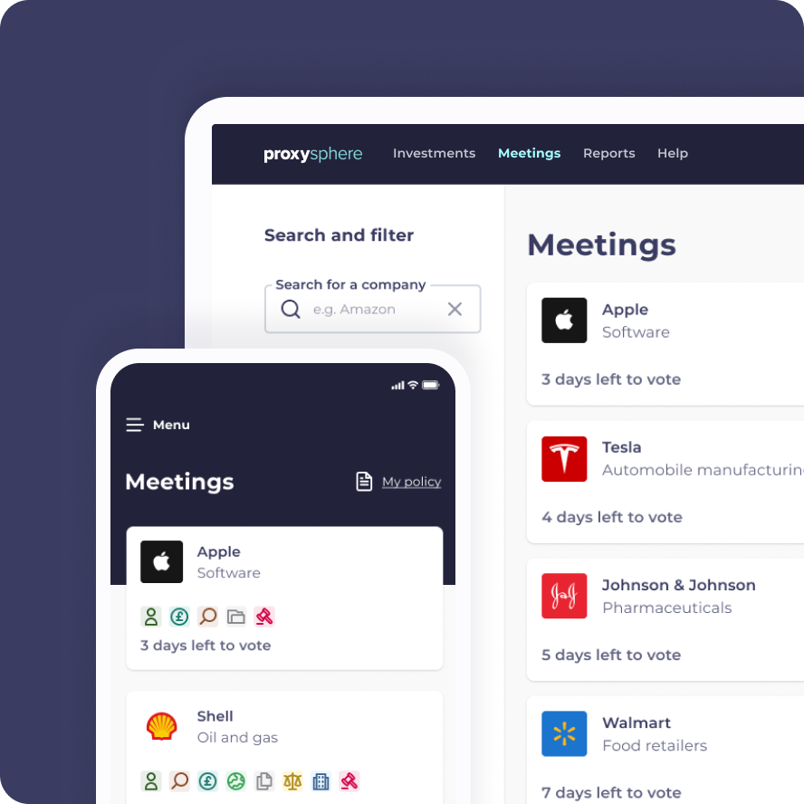 The Tumelo ProxySphere product is on a mobile and desktop device. It showcases the meetings page, where investors can see upcoming AGMs to vote.
