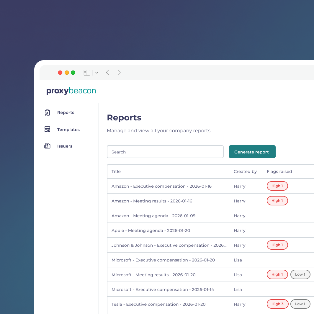 Table of Company reports ProxyBeacon AI has generated quickly for stewardship teams to vote