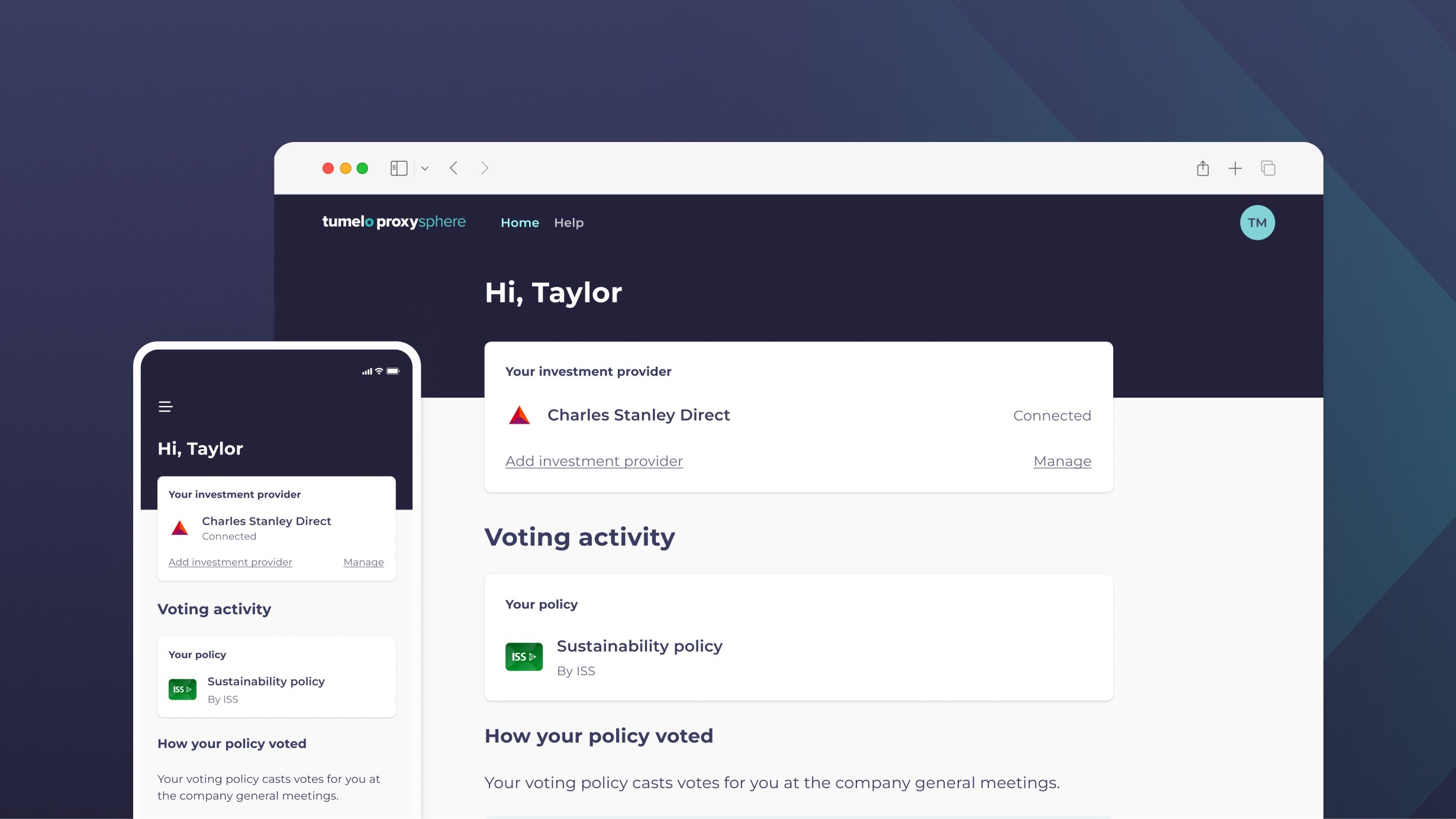 A desktop and mobile phone are shown side by side both featuring Tumelo Proxysphere's product homepage for a retail pass-through voting.