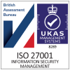 Certification badge for ISO 27001 comprising of the British Assessment Bureau logo and UKAS Management System logo. Certification badge for ISO 27001 comprising of the British Assessment Bureau logo and UKAS Management System logo.